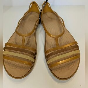 Crocs Isabella T-Strap flat sandals, Translucent TPU Straps Bronze Size 7 Woman